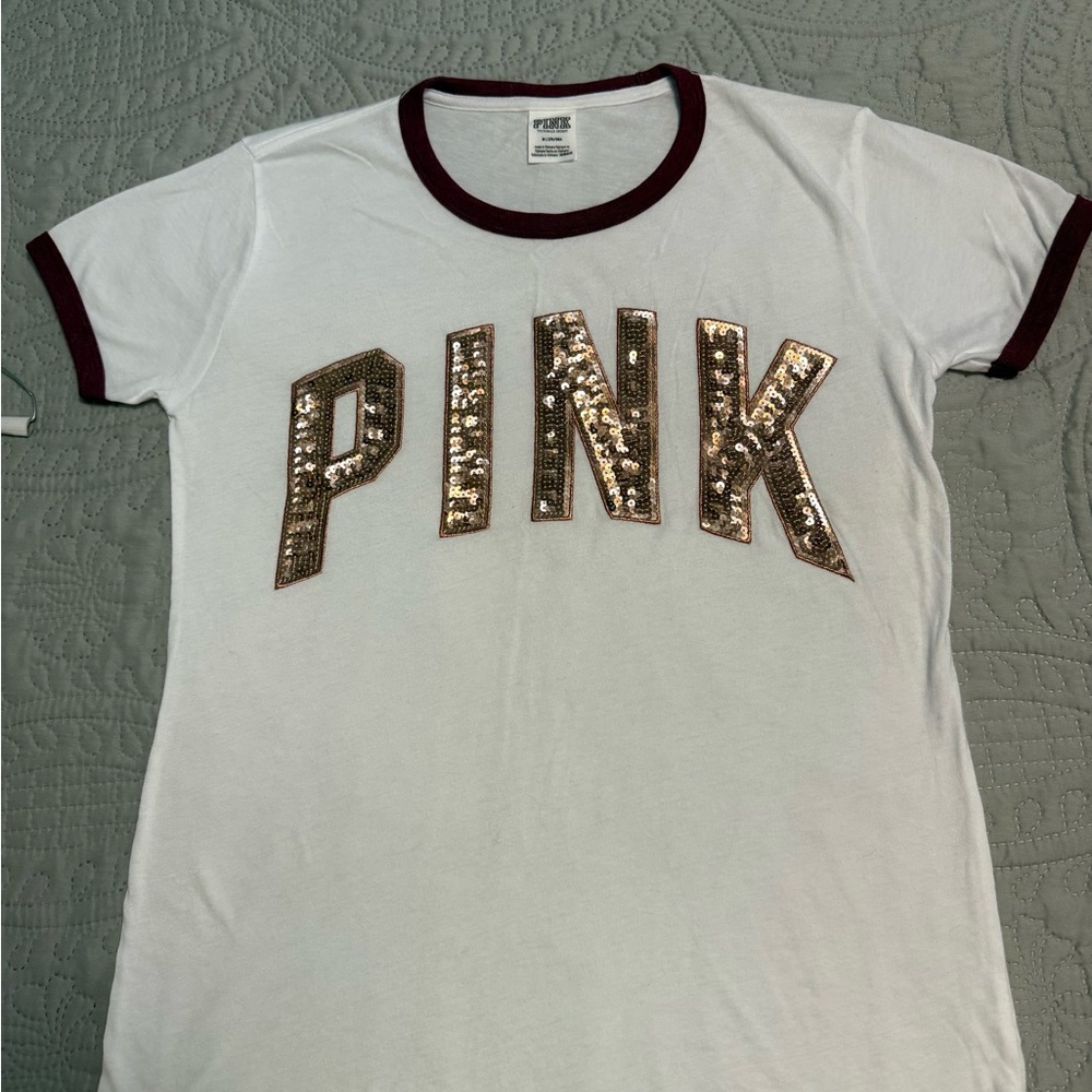 PINK Victoria's Secret White and Maroon Tee with Rose Gold Embellishment Size M